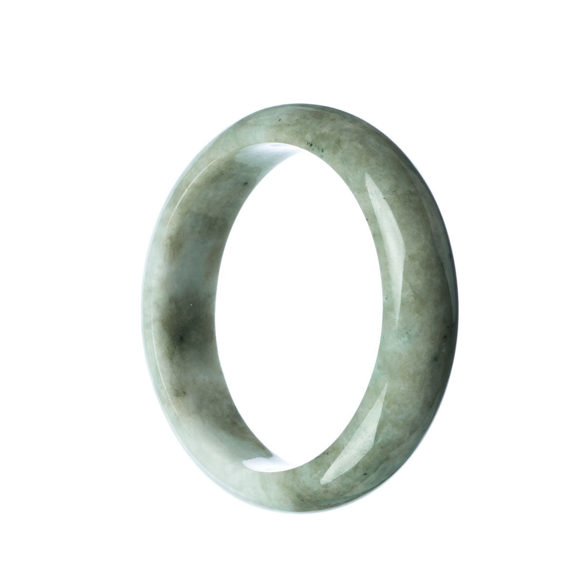 A close-up image of an elegant grey green traditional jade bracelet with a half moon shape, measuring 59mm in size. This bracelet is a genuine Type A jade, known for its authenticity and quality. It is a stunning piece of jewelry from the MAYS™ collection.