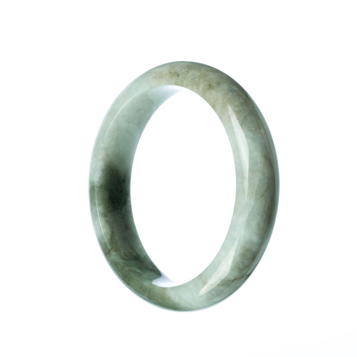 A half moon shaped, genuine Type A white and green traditional jade bracelet with a 59mm diameter, sold by MAYS.
