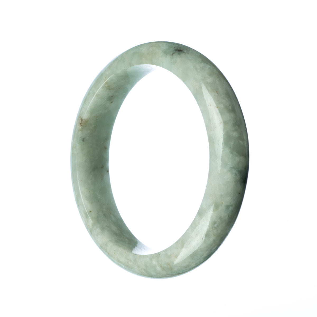 A pale green jade bracelet in a half moon shape, measuring 63mm. Certified Grade A quality by MAYS GEMS.