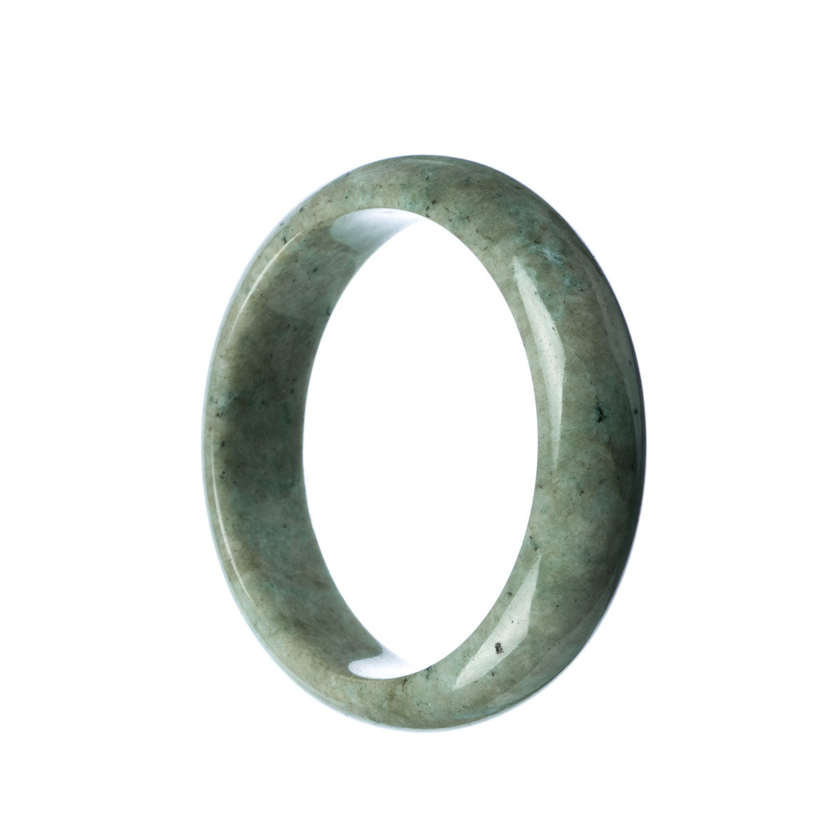 A pale green jade bangle bracelet with a traditional half-moon design, measuring 59mm in size.
