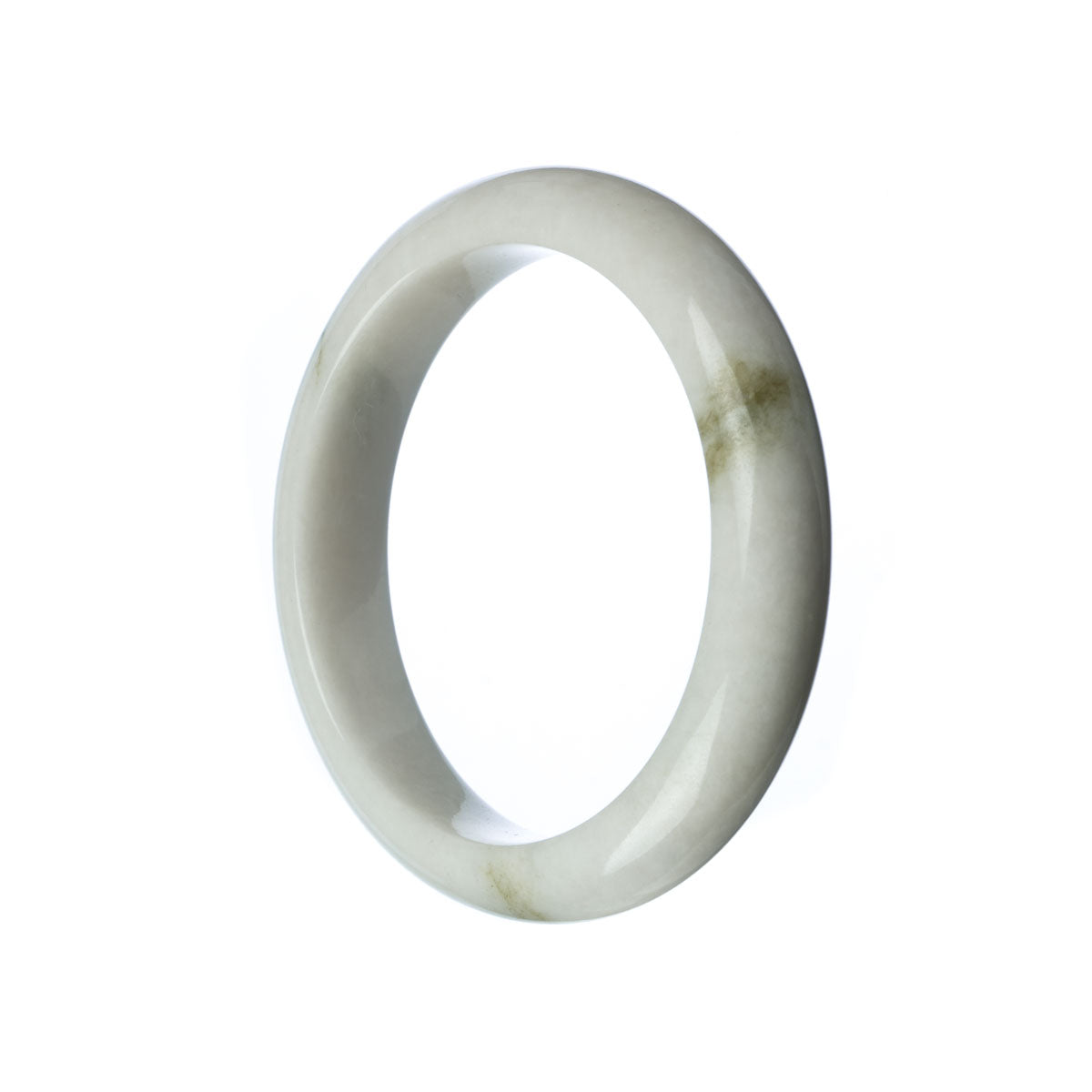 A close-up of a beautiful white jadeite jade bracelet with a half-moon design, measuring 58mm in diameter.