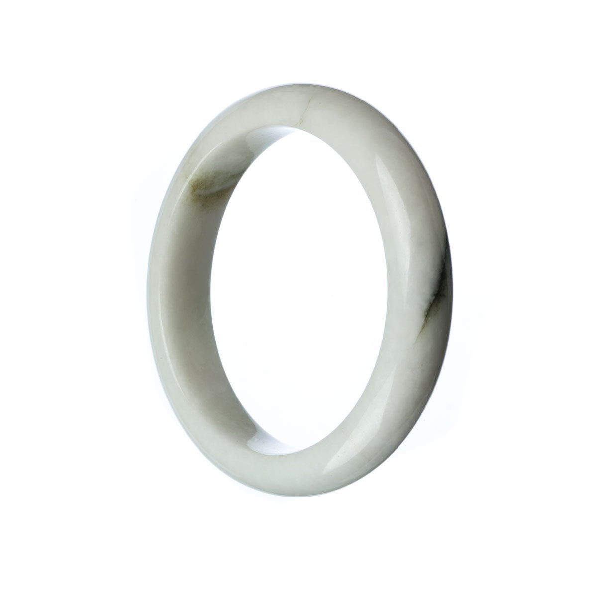 A close-up image of a delicate white jade bracelet with a half-moon shape. The bracelet is made of high-quality Grade A white jade and measures 58mm in size. It is a beautiful piece of jewelry from MAYS GEMS.