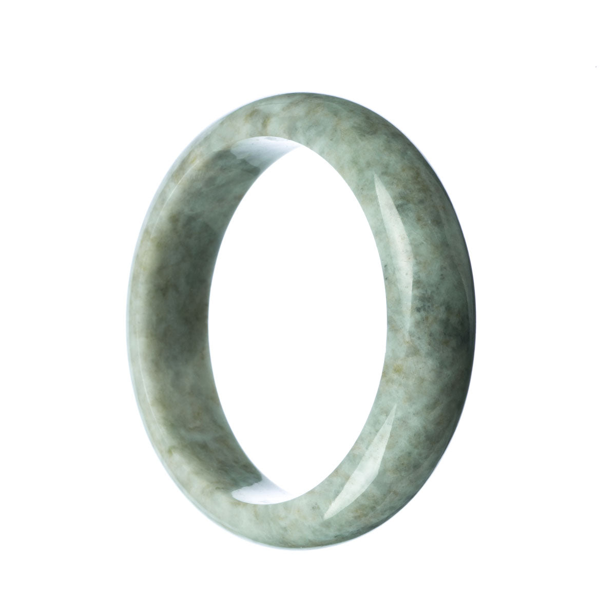 A grey half moon shaped traditional jade bangle, measuring 63mm in diameter, with a genuine untreated finish.