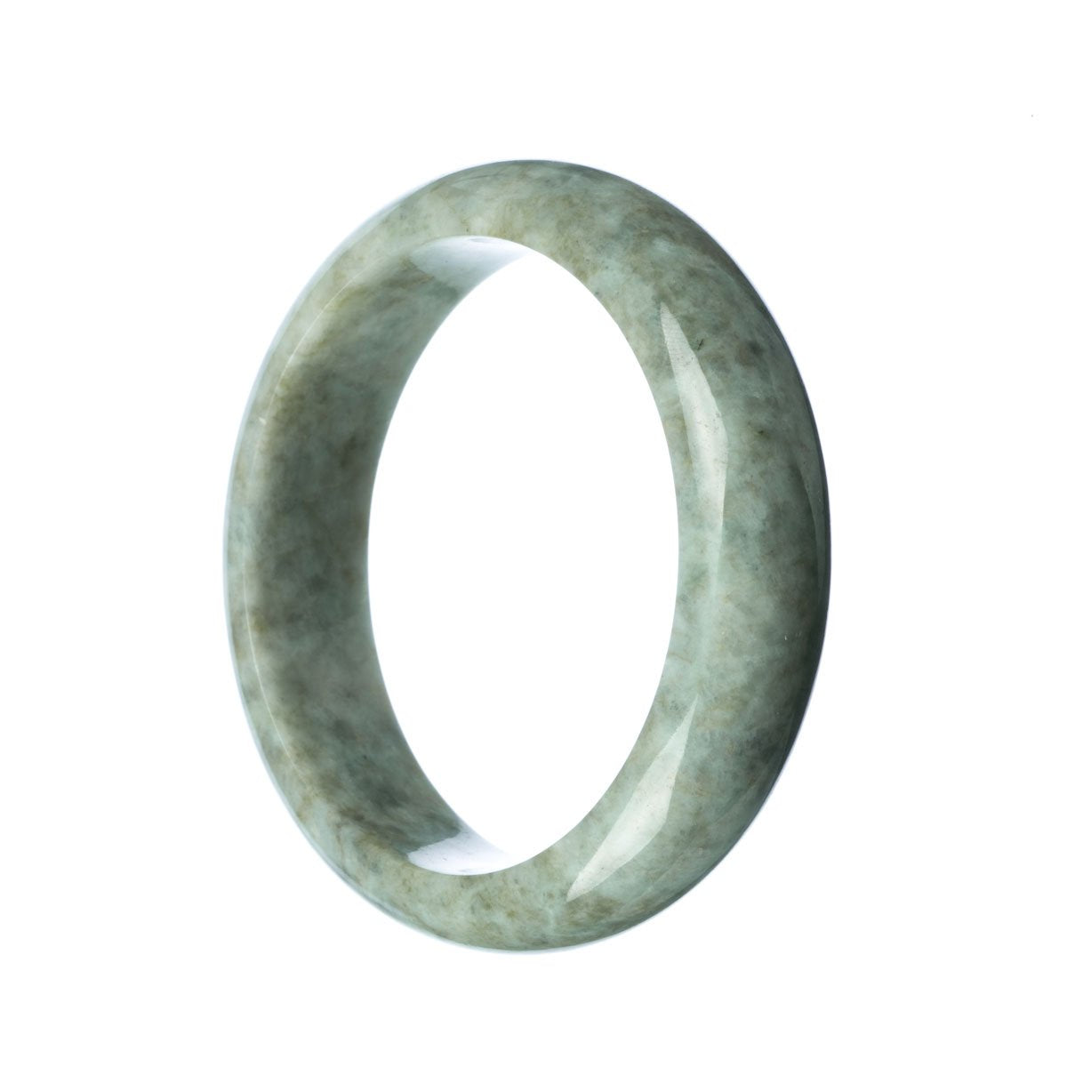 A close-up image of a Grade A Grey Traditional Jade Bangle Bracelet with a 63mm Half Moon shape, featuring intricate patterns and a smooth finish.