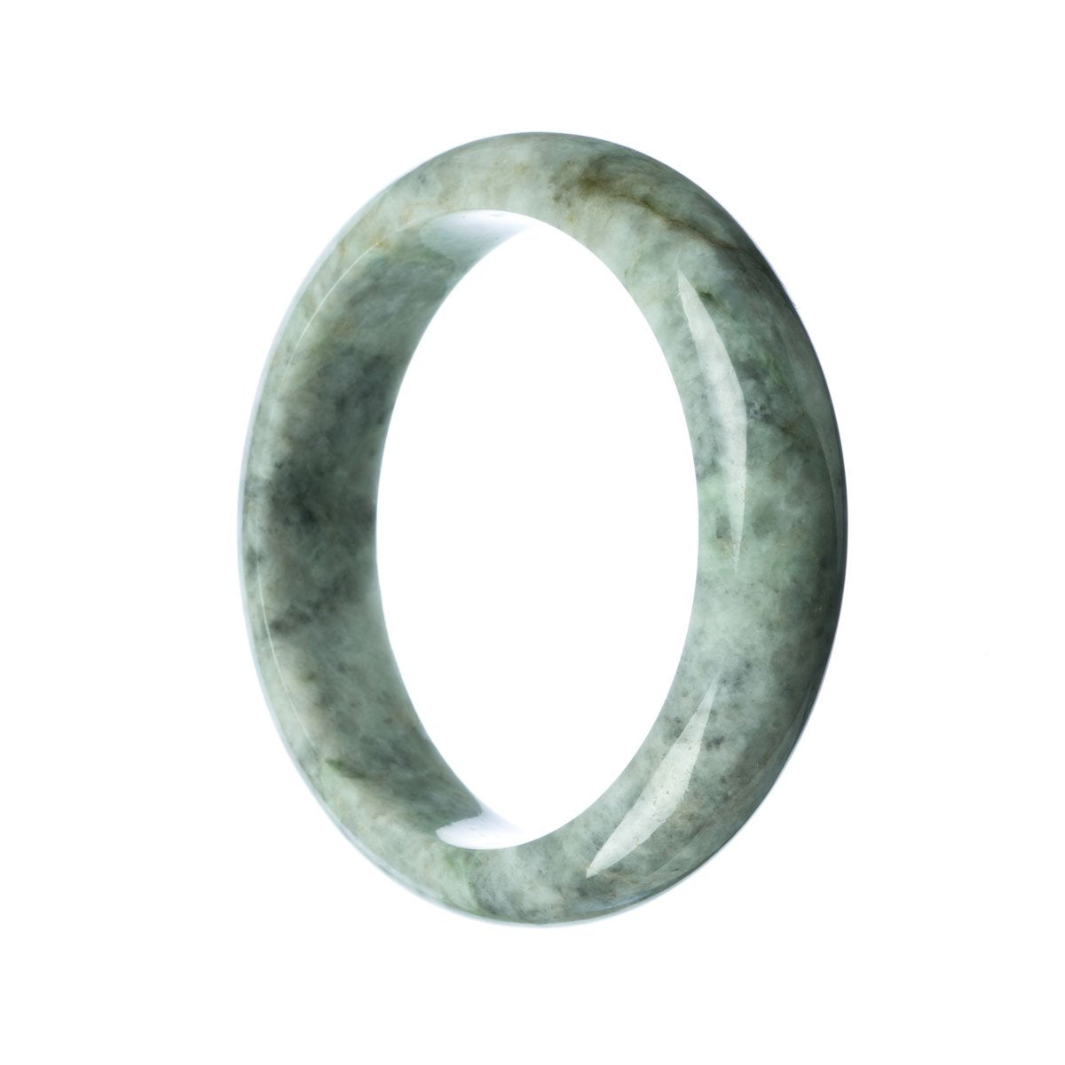 A close-up photo of a beautiful grey jade bracelet in the shape of a half moon, with a smooth and polished surface. The bracelet is made of high-quality Grade A grey jade and measures 59mm in diameter. The light reflects off the bracelet, showcasing its elegant and luxurious appearance. Perfect for adding a touch of sophistication to any outfit.