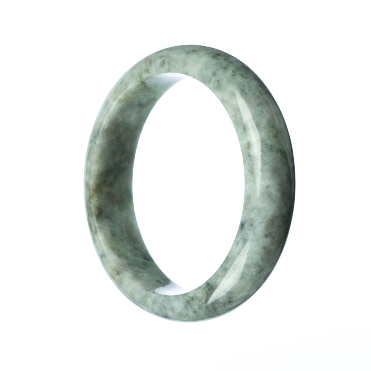 A close-up image of an Authentic Grade A Grey Jadeite Jade Bangle. The bangle is a half-moon shape, measuring 59mm in diameter. It is a high-quality piece from MAYS GEMS.