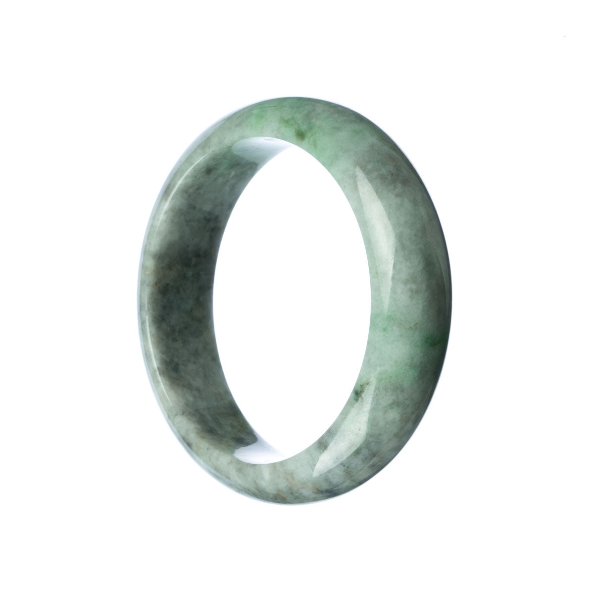 A close-up image of a grey jade bangle bracelet with a half-moon shape, measuring 63mm in diameter. This authentic Type A Burma jade bracelet is beautifully crafted and designed by MAYS.