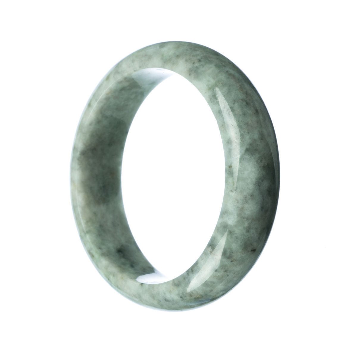 A close-up image of a gray Burmese jade bracelet in the shape of a half moon, with a smooth and polished surface. The bracelet has a genuine Grade A quality and measures 62mm in size. It is sold by MAYS GEMS.