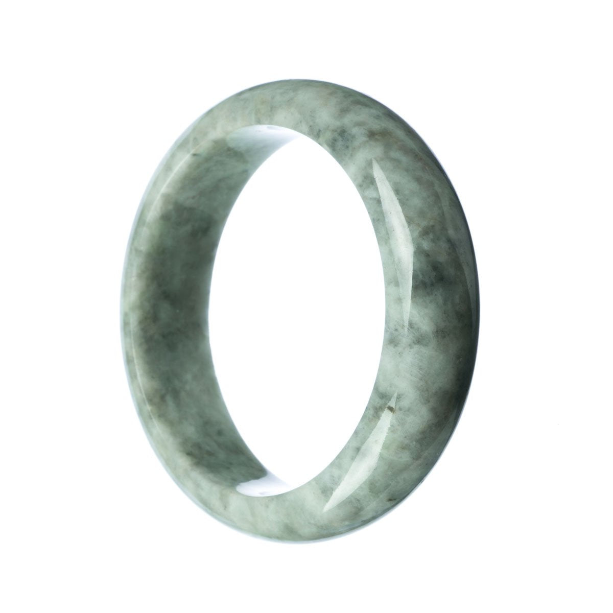 A close-up image of a genuine Grade A grey green jadeite jade bracelet with a half moon shape, measuring 58mm in size. The bracelet is beautifully crafted and is sold by MAYS GEMS.