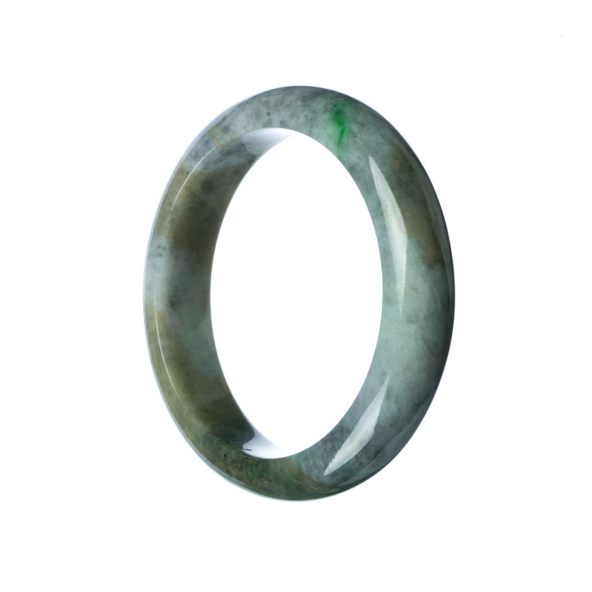 A close-up image of a beautiful bracelet made of grey green jade, shaped like a half moon. The bracelet is untreated and made with genuine jade stones. It measures 59mm in size. A stunning piece from MAYS GEMS.