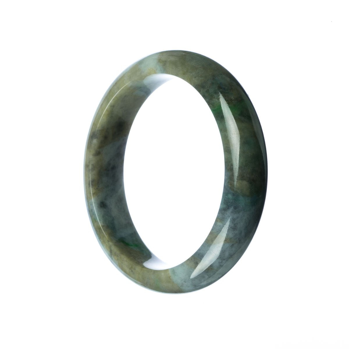 A beautiful grey green Burmese jade bangle bracelet with a half moon shape, perfect for adding a touch of elegance to any outfit.