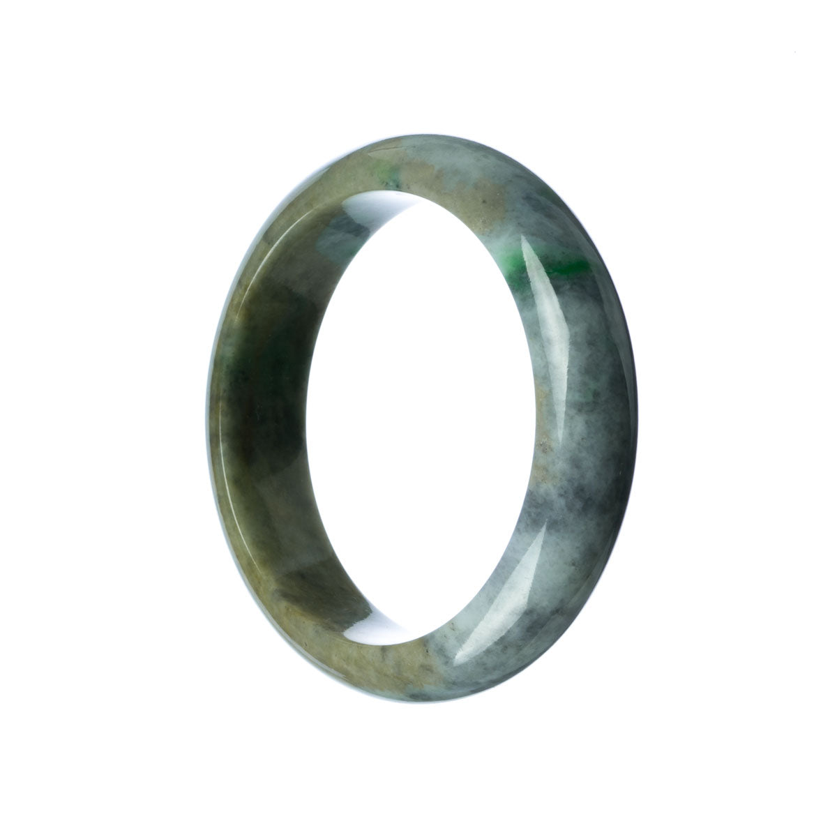 A close-up image of a beautifully carved jade bangle, featuring a half moon shape and a unique grey-green color.