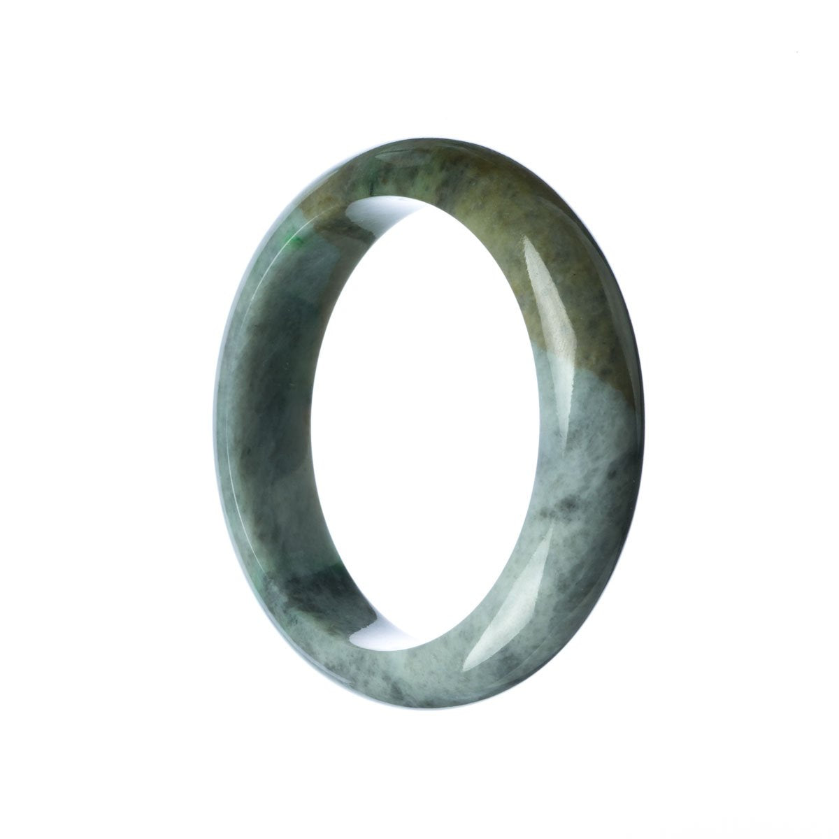 A close-up photo of a Real Grade A Grey Green Jade Bangle Bracelet with a half-moon shape, measuring 57mm. The bracelet is made by MAYS™.