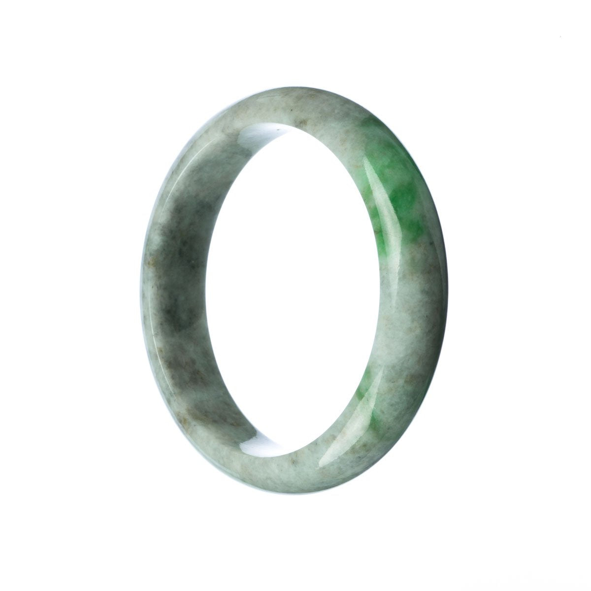 A close-up image of a genuine natural grey green Burma jade bangle. The bangle has a unique half moon shape and measures 59mm in diameter. Crafted by MAYS GEMS.