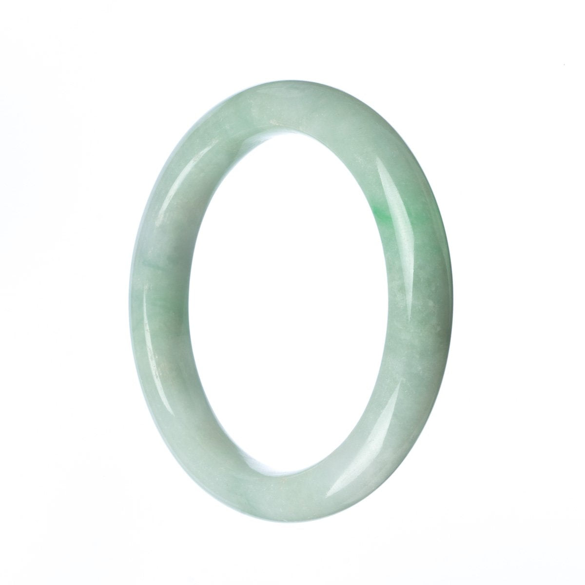 A close-up photo of a green traditional jade bracelet with a semi-round shape, measuring 63mm in diameter. The bracelet is made of genuine Grade A jade and is sold by MAYS GEMS.