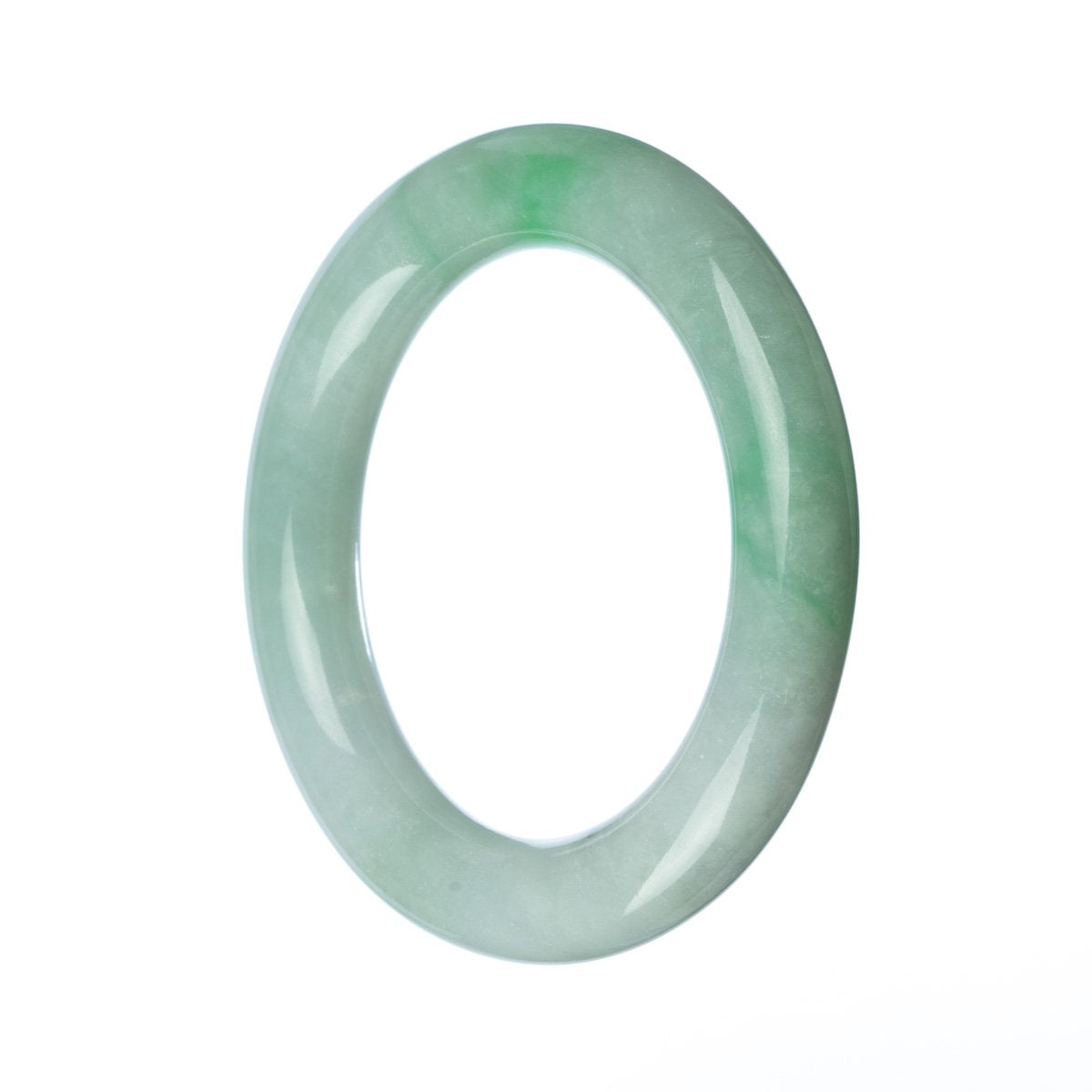 A round, untreated green traditional jade bangle bracelet measuring 58mm in diameter. Made by MAYS.