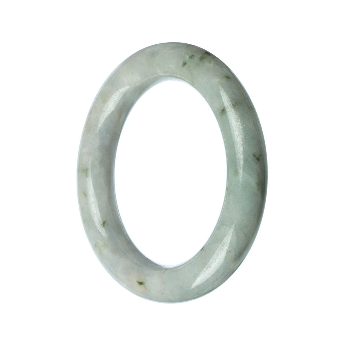 A close-up image of a round, white traditional jade bangle bracelet with a 57mm diameter. The bracelet is made of genuine grade A jade, known for its high quality and natural beauty. The smooth surface of the bangle reflects light, showcasing the intricate patterns and variations in the jade. This timeless piece, offered by MAYS GEMS, is both elegant and stylish, making it a perfect accessory for any occasion.
