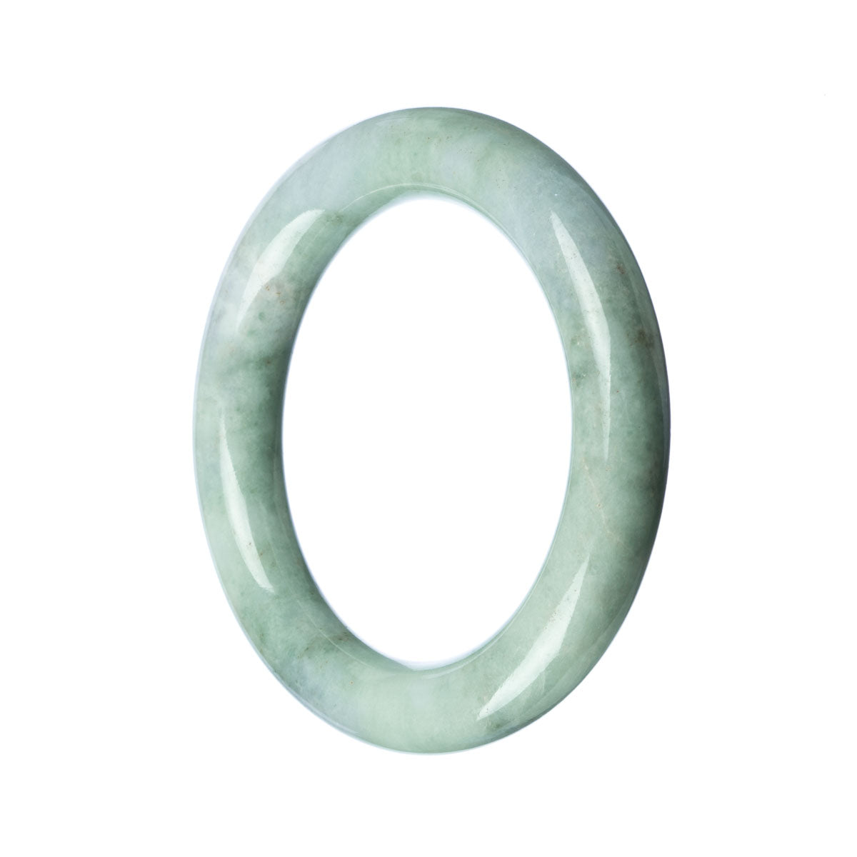 A close-up photo of a round, pale green Burmese jade bracelet. The bracelet is made of real, natural jade and has a smooth, polished surface. It measures 58mm in diameter and has a delicate, elegant design. The jade stone has a soft green color, with subtle variations and a faint translucency. The bracelet is a beautiful piece of jewelry, perfect for adding a touch of natural elegance to any outfit.