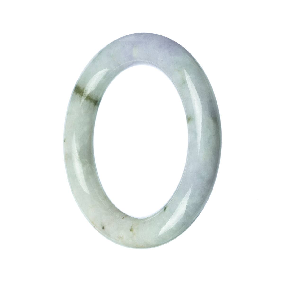 A close-up of a round white jadeite bangle bracelet, with a smooth and polished surface. The bangle has a 57mm diameter and is made from genuine Type A white jadeite, representing high quality and authenticity. The bracelet is being sold by the brand MAYS.
