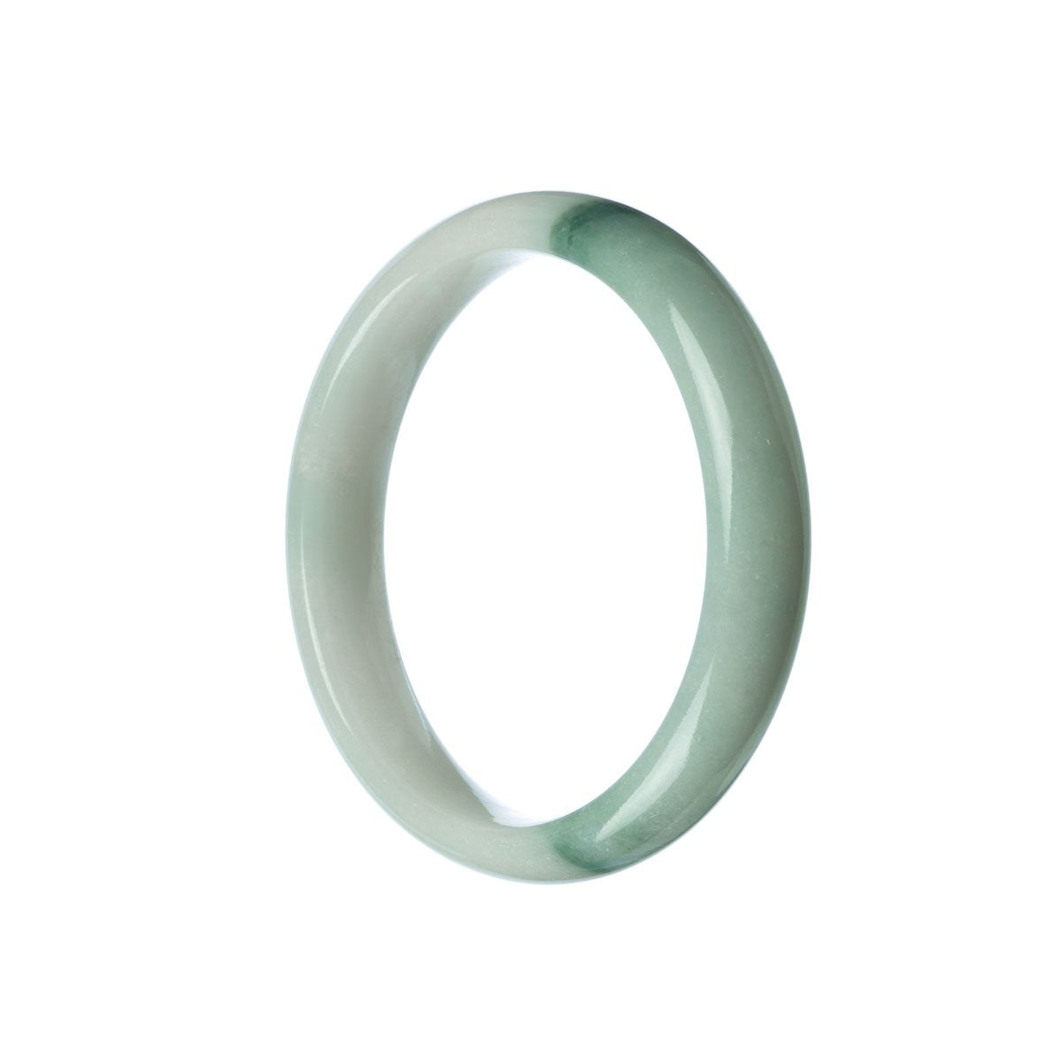 A close-up image of a half-moon shaped, genuine natural white jade bangle. The bangle is smooth and polished, showcasing its elegant and traditional design. The size is 56mm, making it a perfect fit for most wrists. Created by MAYS GEMS.