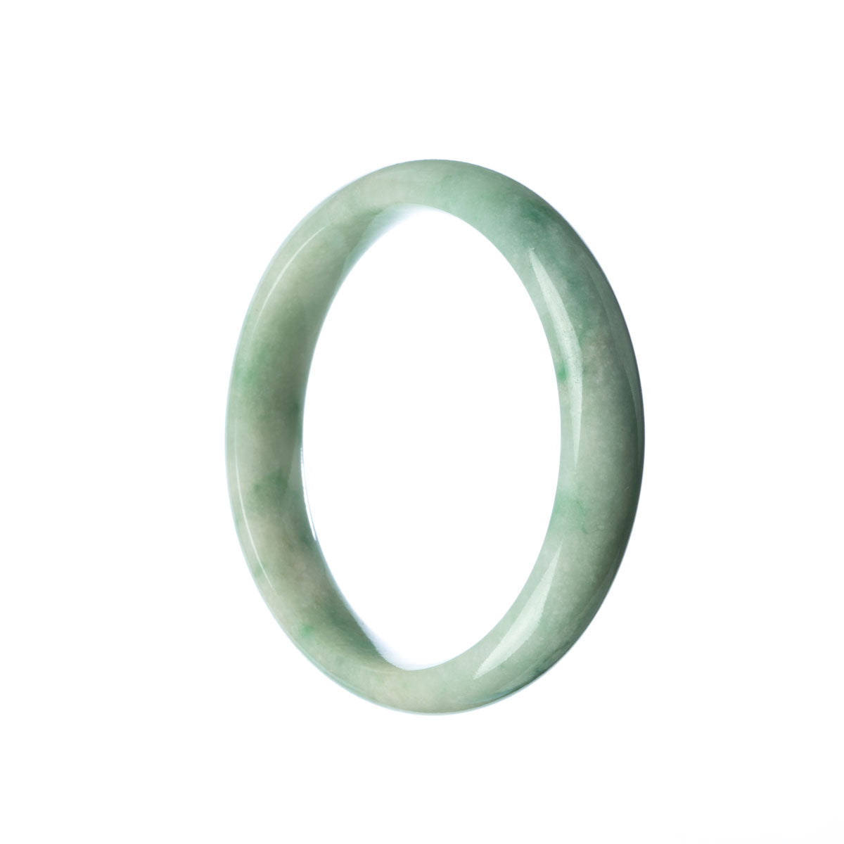 A beautiful pale green jadeite bracelet with a half moon design, measuring 57mm in size. This genuine grade A jadeite bracelet is a stunning piece of jewelry from MAYS.