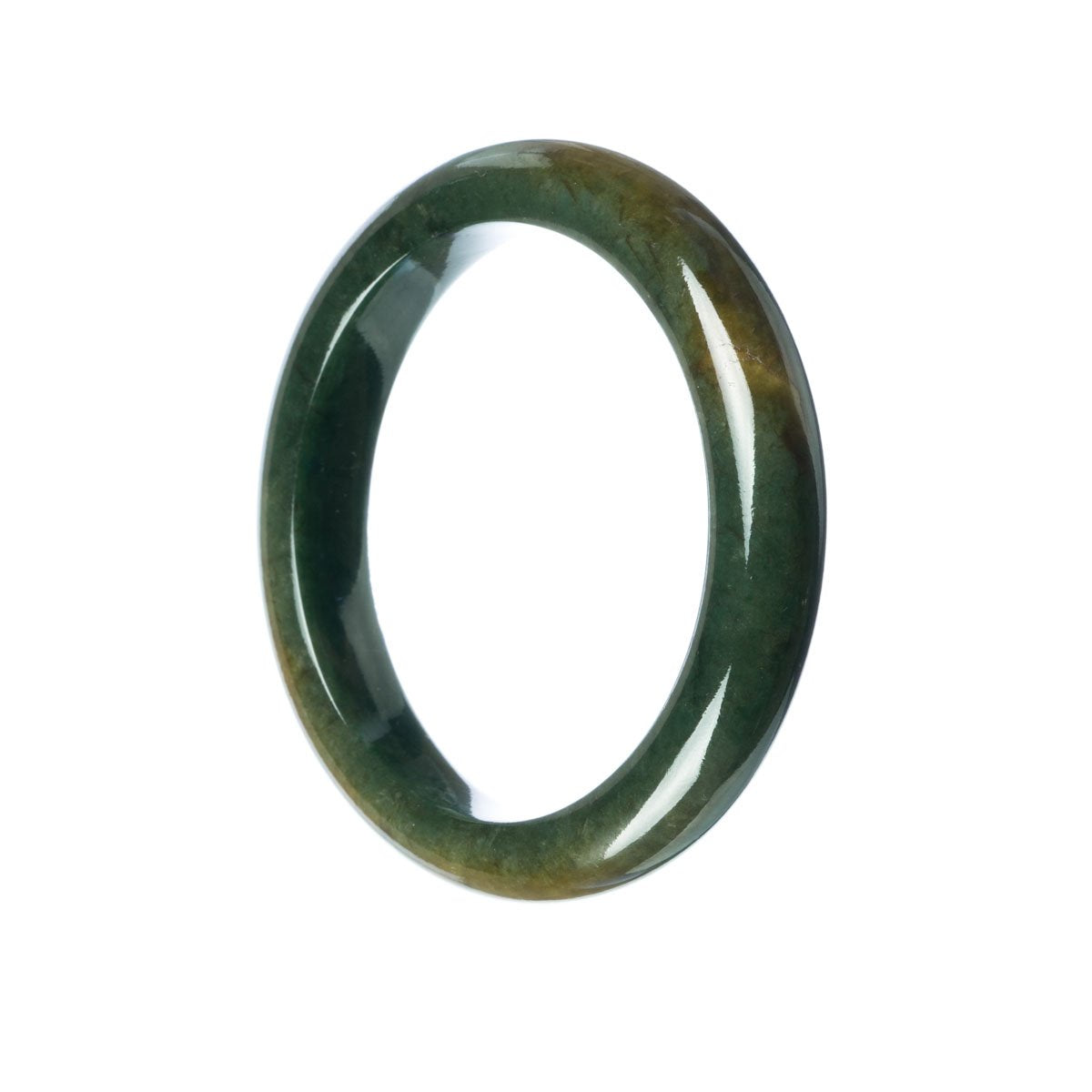 A stunning dark green jadeite bangle bracelet, untreated and crafted from high quality jadeite. The bracelet features a semi-round shape and measures 57mm in diameter. Perfect for adding a touch of elegance and natural beauty to any outfit. By MAYS GEMS.