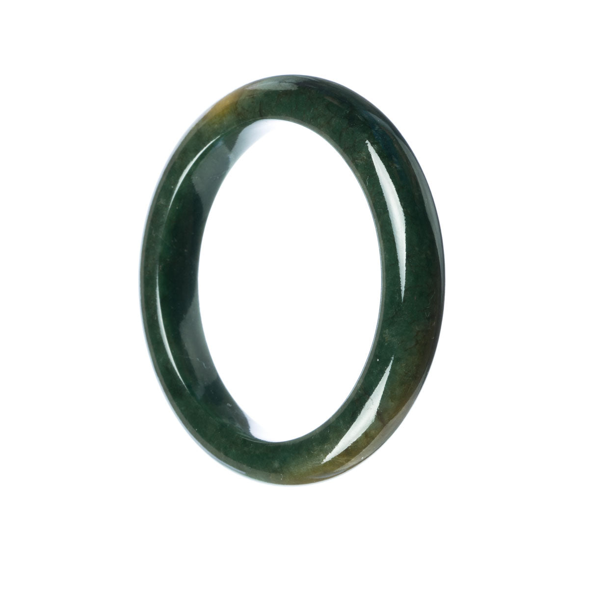 A dark green jade bangle bracelet made of genuine, untreated traditional jade. The bracelet is semi-round in shape and measures 57mm in diameter.