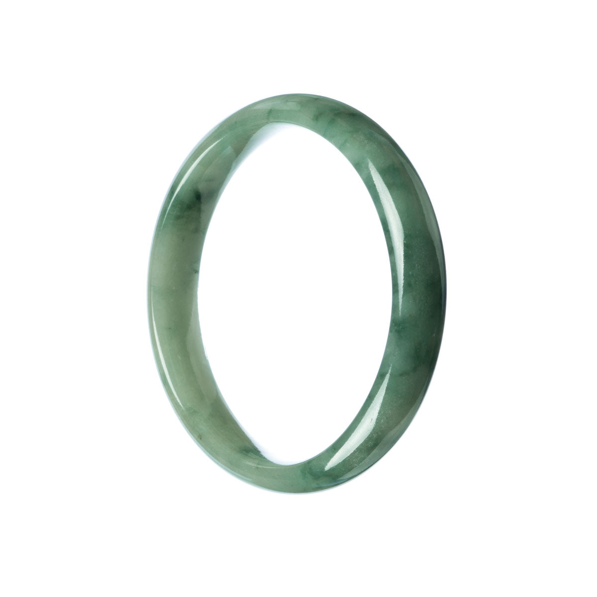 A close-up image of an elegant green jadeite bangle bracelet with a half-moon shape, measuring 59mm in diameter. The bracelet is made of authentic Grade A jadeite, known for its beautiful color and high quality. The brand name "MAYS" is also mentioned, possibly indicating the designer or manufacturer of the bracelet.