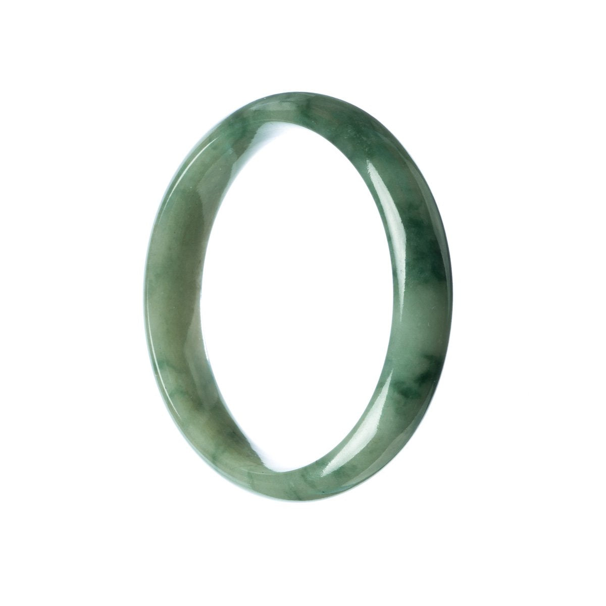 A half-moon shaped grade A green traditional jade bangle, measuring 59mm in size, made by MAYS™.