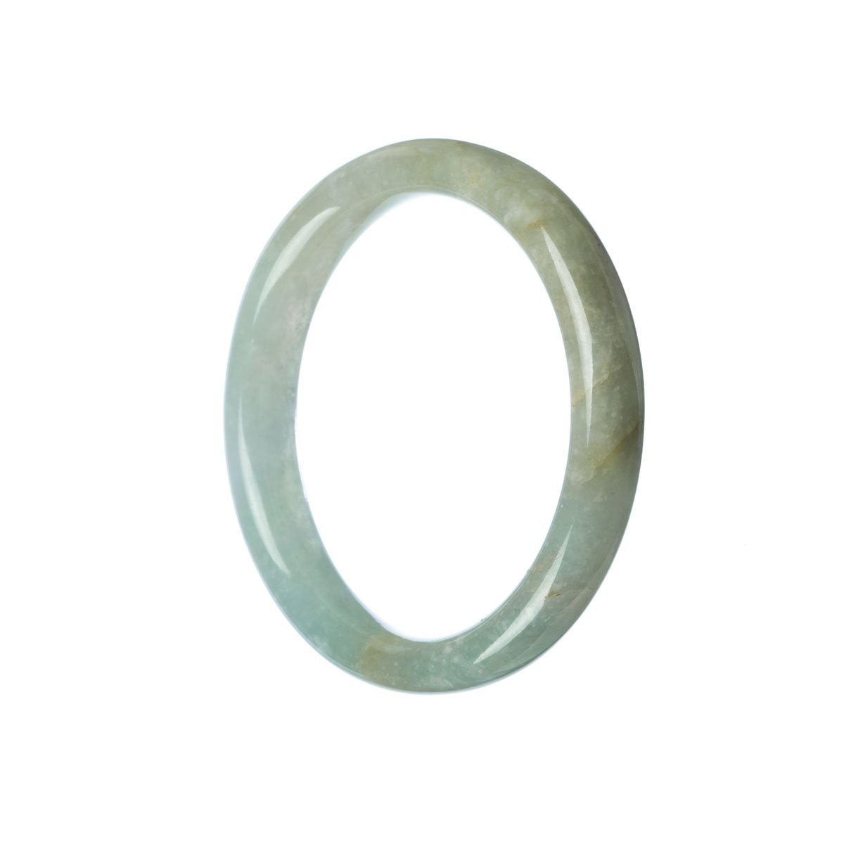 A close-up image of a beautiful green jade bangle with a unique half-moon shape, measuring 55mm in diameter. The bangle is made from genuine Grade A green jadeite jade and is a product of MAYS™.