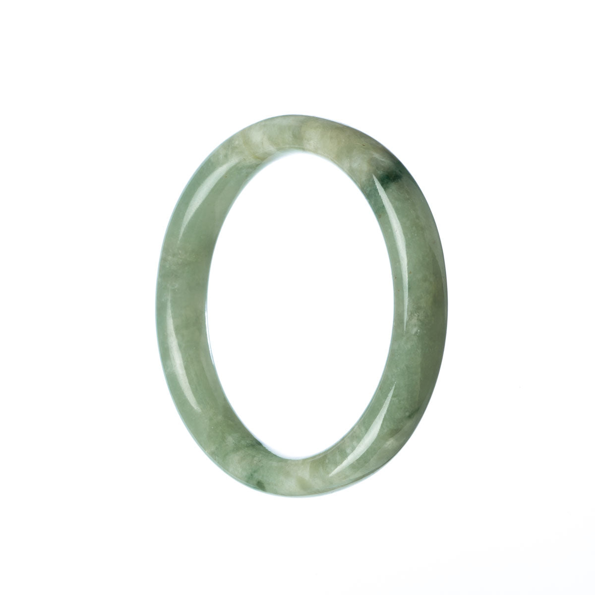 A beautiful green Burmese jade bangle bracelet with a certified Grade A quality. The bracelet has a semi-round shape and measures 54mm in diameter. Manufactured by MAYS GEMS.