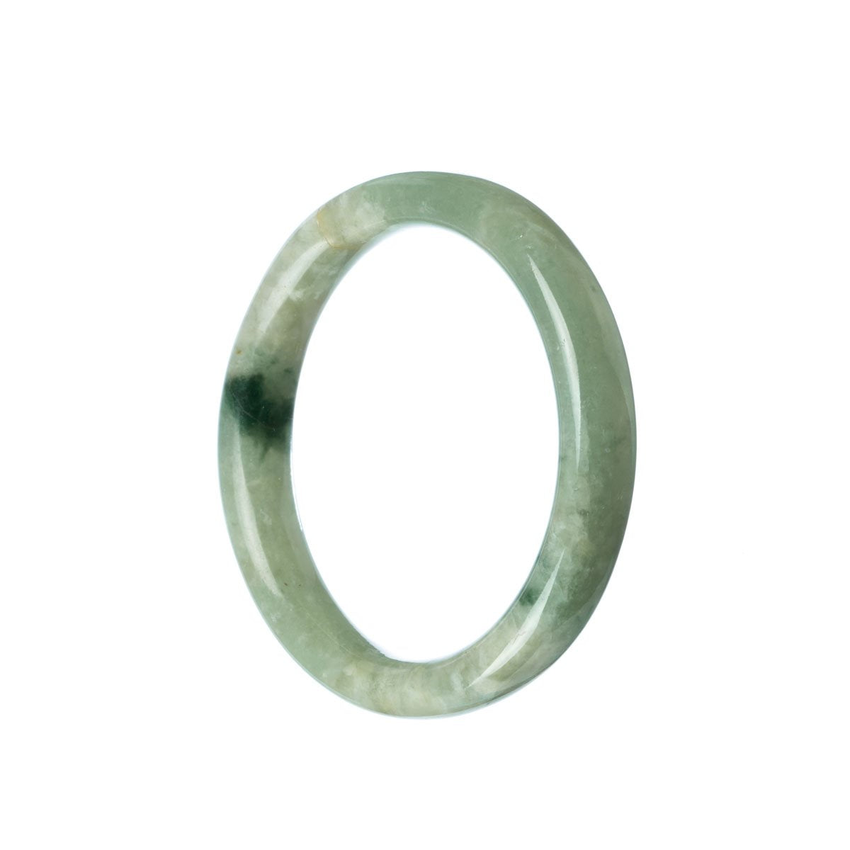 A close-up of a beautiful green jade bangle bracelet with a semi-round shape, measuring 54mm in size. The bracelet is made of genuine Type A Green Burma Jade and is designed by MAYS™.