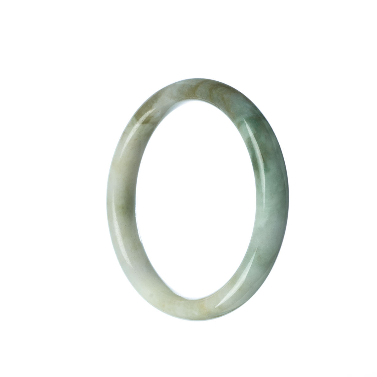 A close-up image of a white Burmese jade bangle bracelet with a semi-round shape and a 55mm diameter. The bracelet is made of certified Grade A jade and showcases its smooth, elegant texture and natural color. The MAYS™ brand logo is visible on the side.