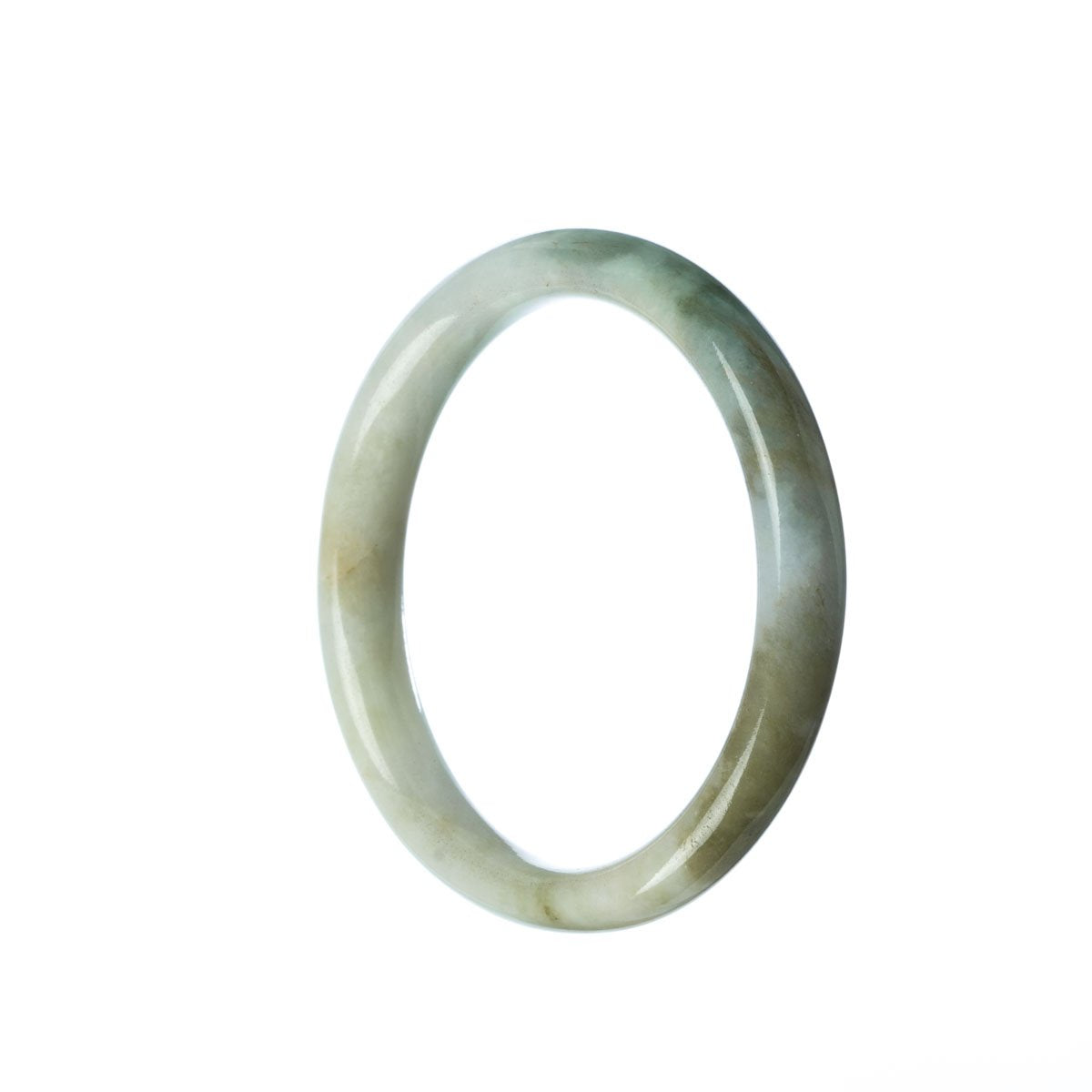 A close-up image of a beautiful white jade bangle bracelet with a semi-round shape, measuring 55mm in size. This genuine Type A white jade bracelet is exquisite and crafted by MAYS GEMS.