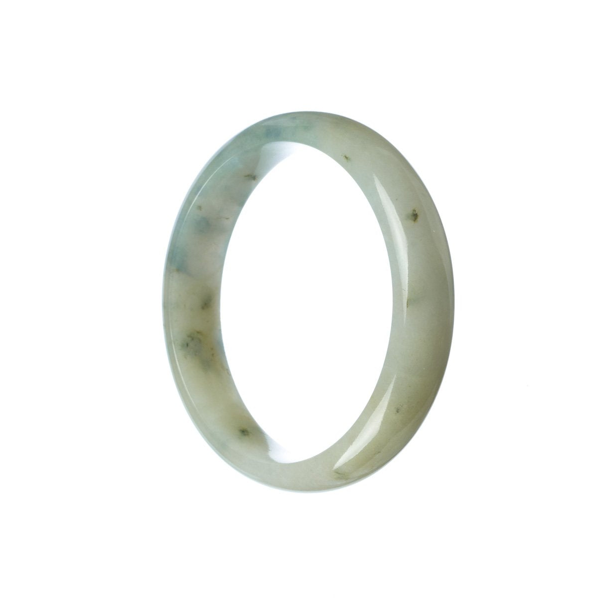 A close-up image of a white jade bracelet with a half moon shape, measuring 55mm. This bracelet is made from genuine Grade A Burmese jade and is produced by the brand MAYS™.