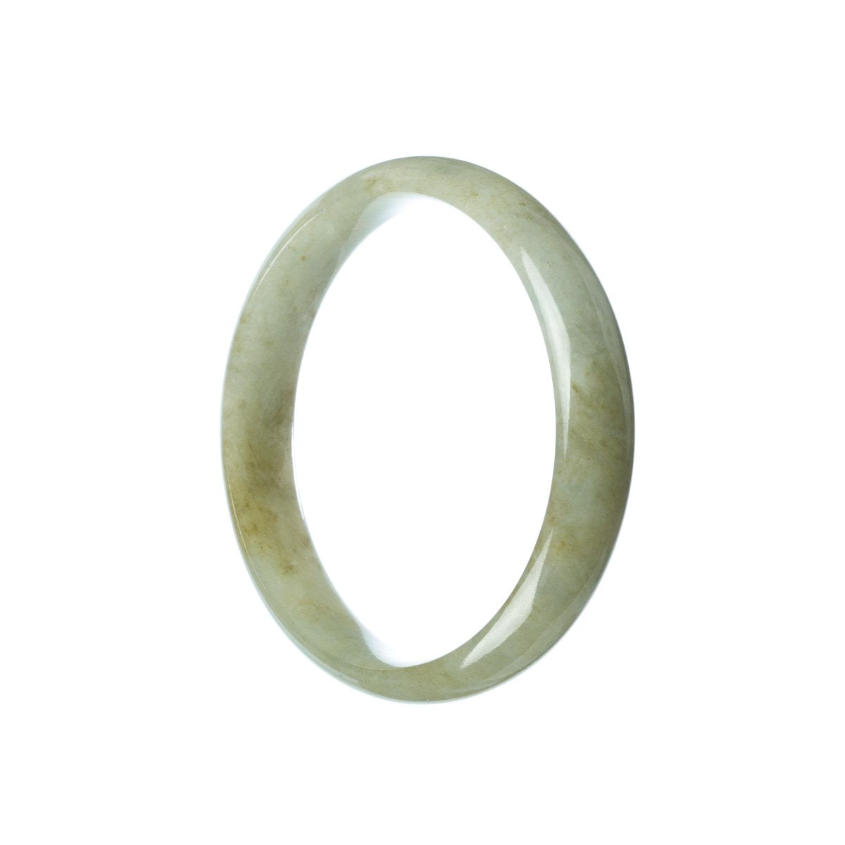 A close-up image of a pale green jade bangle with a traditional half moon shape, measuring 57mm in size. The bangle appears untreated and showcases the natural beauty of the jade.
