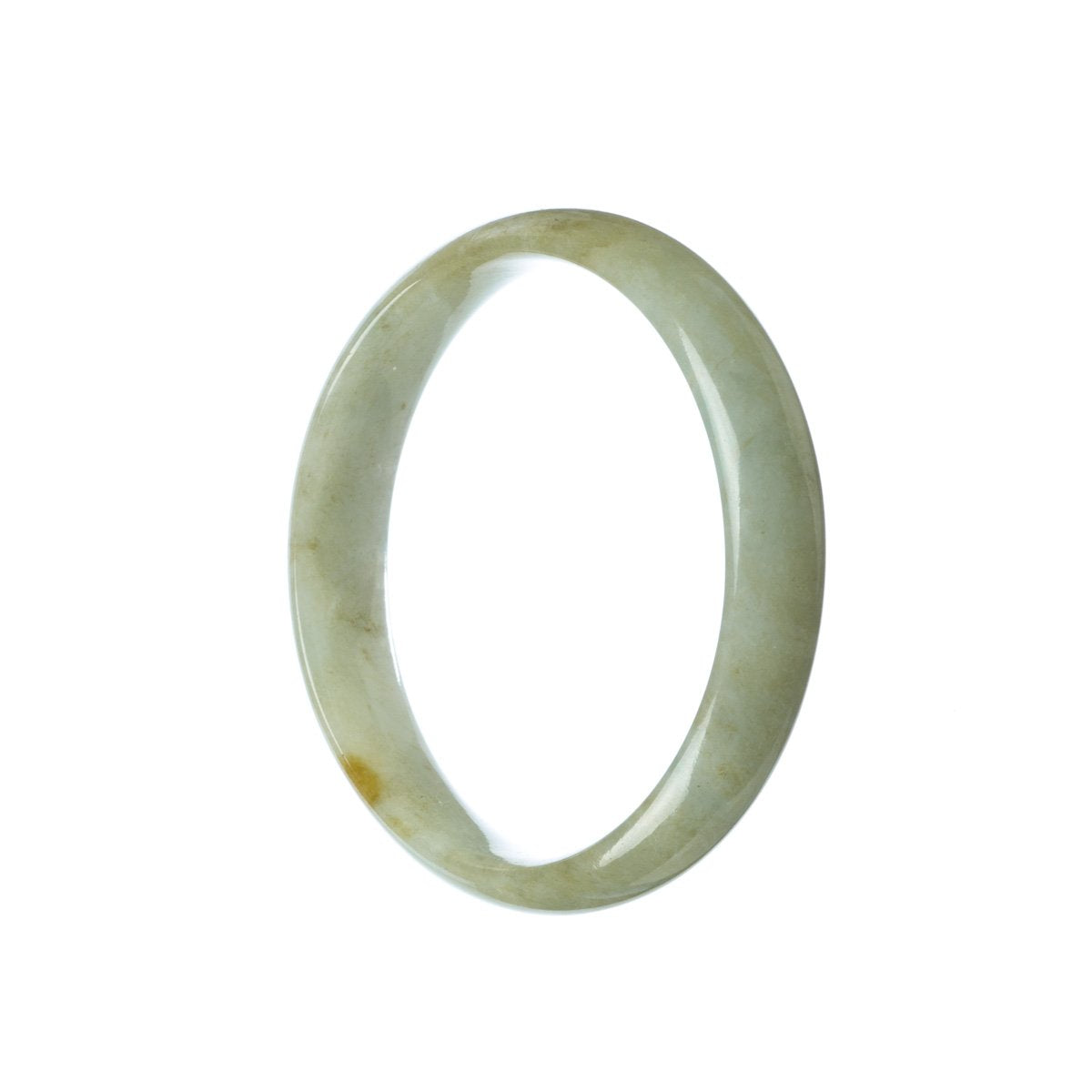 A delicate pale green jadeite bracelet with a half-moon design, measuring 57mm. Exquisite and natural, this genuine untreated jadeite piece from MAYS GEMS is a timeless beauty.
