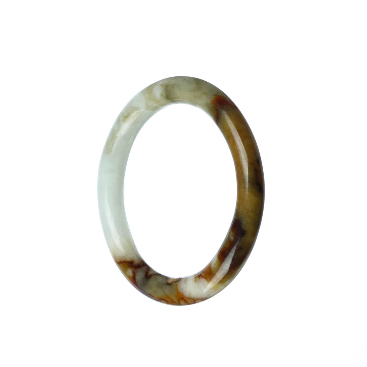 A close-up photo of a dainty white and brown jade bracelet with a smooth, polished surface. The bracelet is made of genuine natural jadeite jade and has a petite size of 50mm. It is a beautiful piece of jewelry by MAYS™.