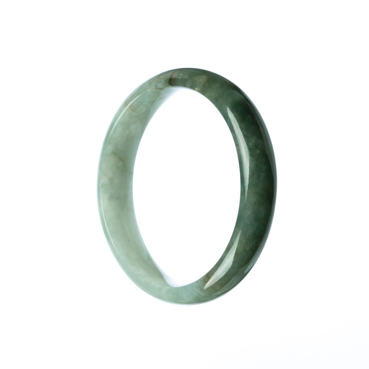 A half-moon shaped green jade bangle with a smooth, polished surface. A beautiful green jade bangle with a unique half-moon shape, perfect for adding an elegant touch to any outfit.