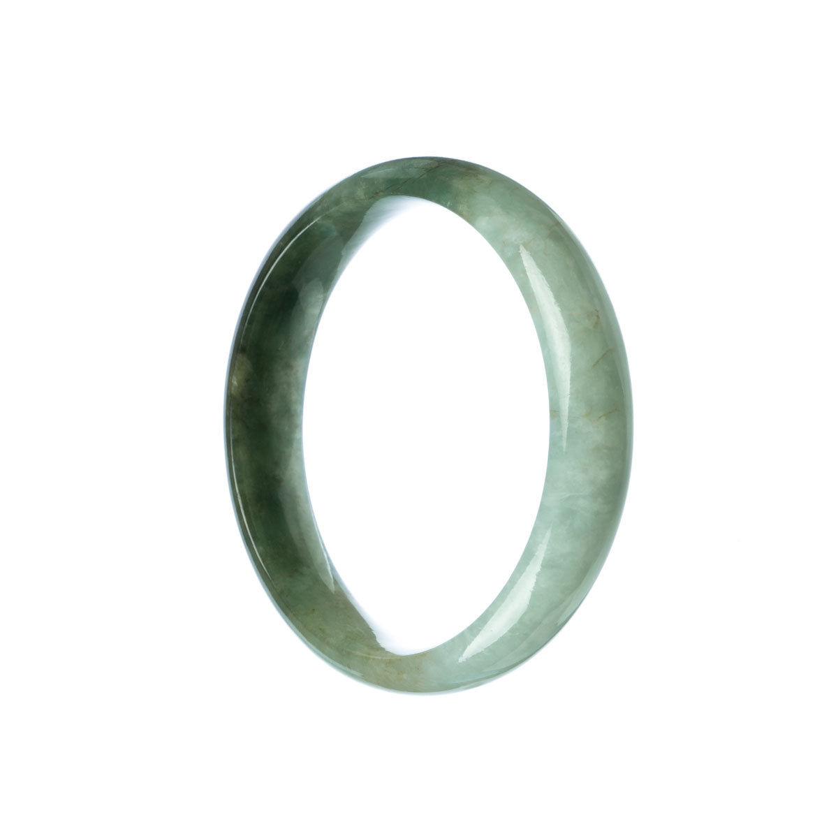 A close-up view of a half moon-shaped green jade bracelet, showcasing its smooth and polished surface. The bracelet is made of genuine Grade A traditional jade and measures 55mm in diameter. It is a beautiful piece of jewelry from the brand MAYS.
