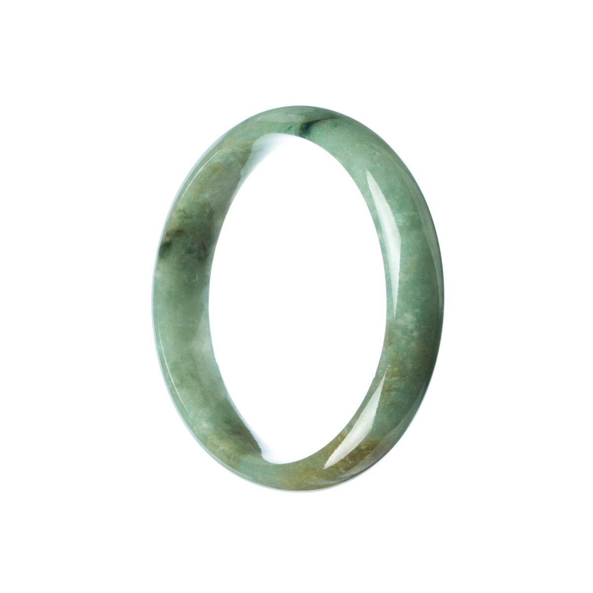 A close-up image of a beautiful green jadeite jade bangle bracelet with a half moon shape, measuring 57mm in size. The bracelet is certified as Grade A quality, showcasing its exceptional craftsmanship and stunning color. The brand name "MAYS" is engraved on the inner side of the bracelet.