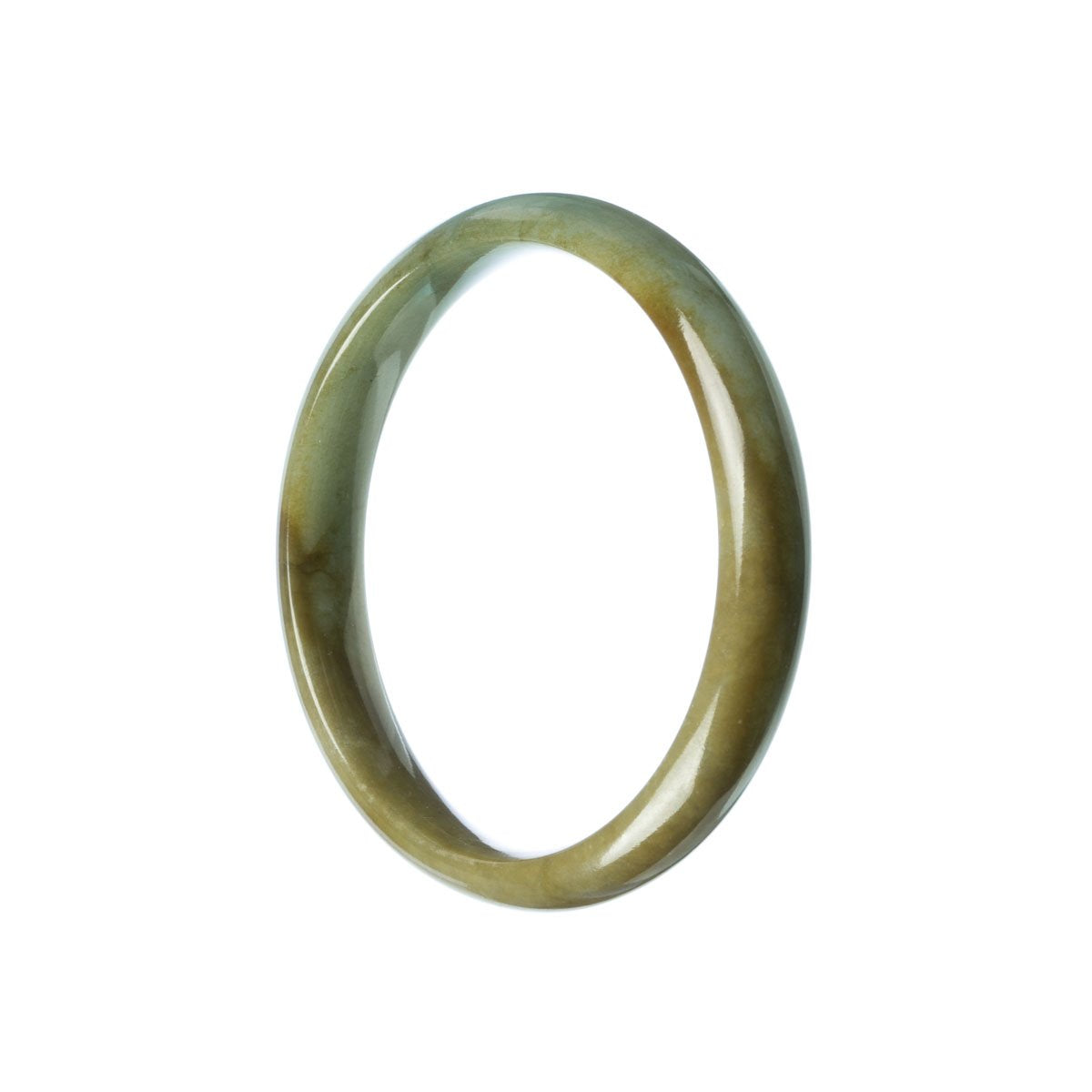 A close-up image of a genuine Type A Green Burmese Jade Bangle in a 58mm size, featuring a smooth, half-moon shape. The bangle is beautifully crafted and showcases the natural beauty of the jade stone.