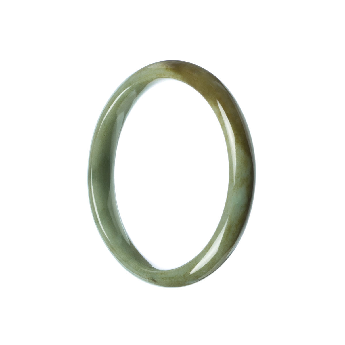 A close-up image of a beautiful green jade bangle bracelet with a half moon shape. The bracelet is made from authentic grade A traditional jade and measures 58mm in size. A stunning piece of jewelry from MAYS GEMS.