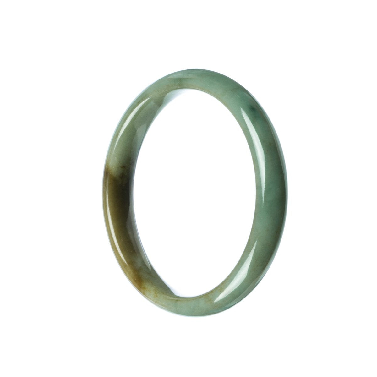 A half moon-shaped jadeite bracelet in genuine, untreated green and brown tones, measuring 58mm. Perfect for adding a touch of elegance and natural beauty to any outfit.