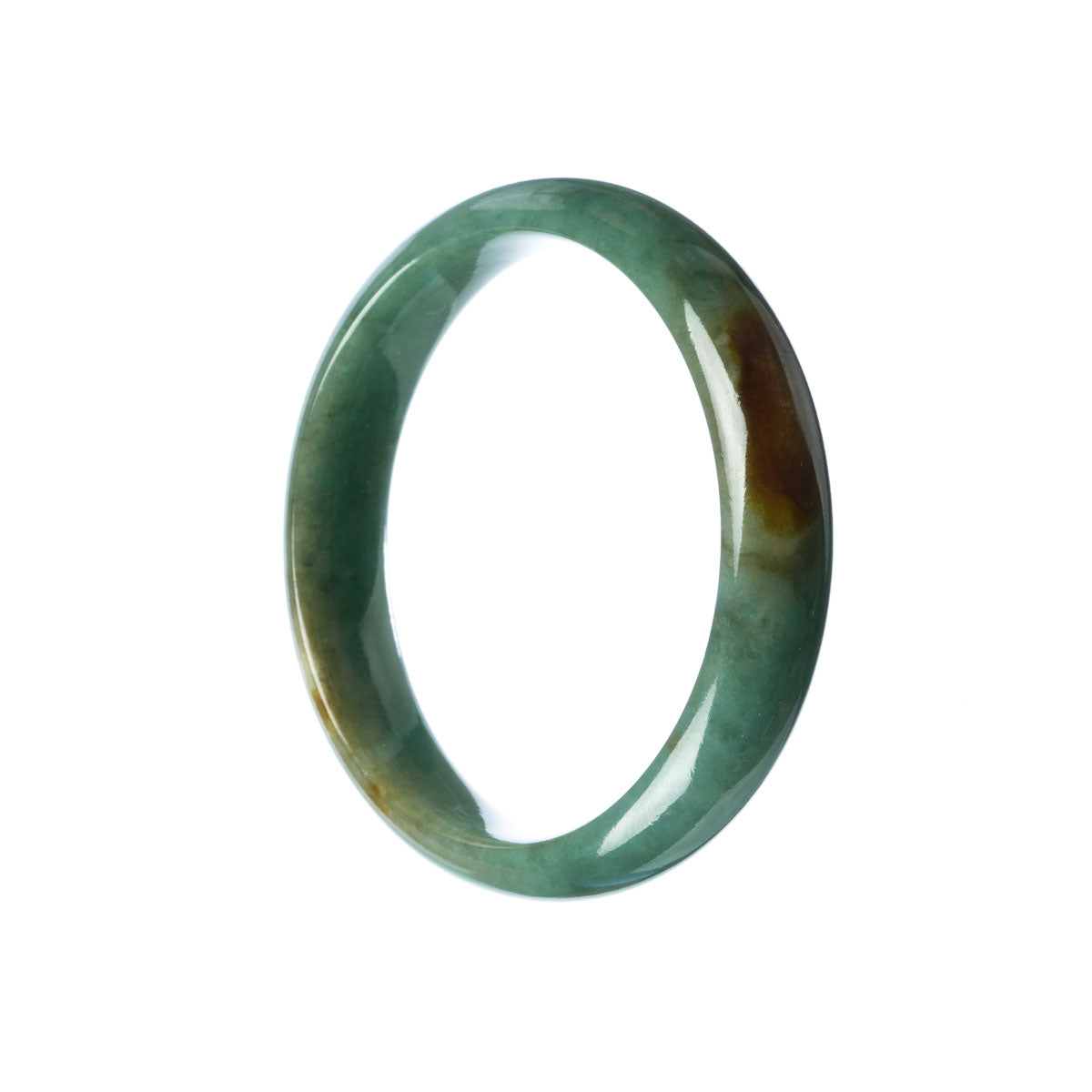 A half-moon shaped green jade bangle bracelet with a traditional design. The bracelet is made of genuine untreated jade and has a diameter of 57mm. It is a beautiful and timeless piece of jewelry.