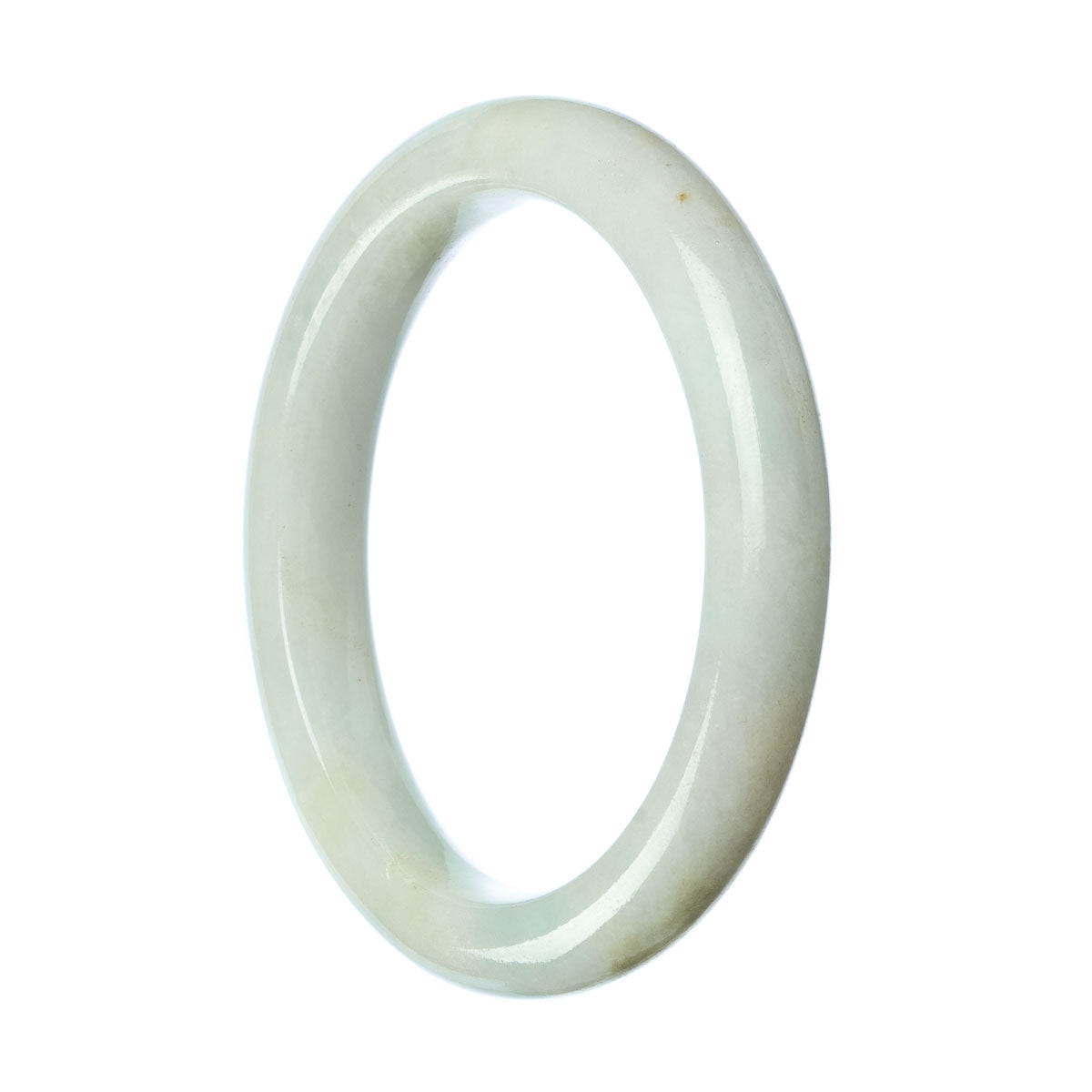 A close-up photo of a beautiful white Burma Jade bracelet. The bracelet is made of Type A Jade, known for its high quality and purity. It has a semi-round shape and a smooth, polished surface. The bracelet measures 60mm in diameter. The brand name MAYS™ is displayed below the bracelet.