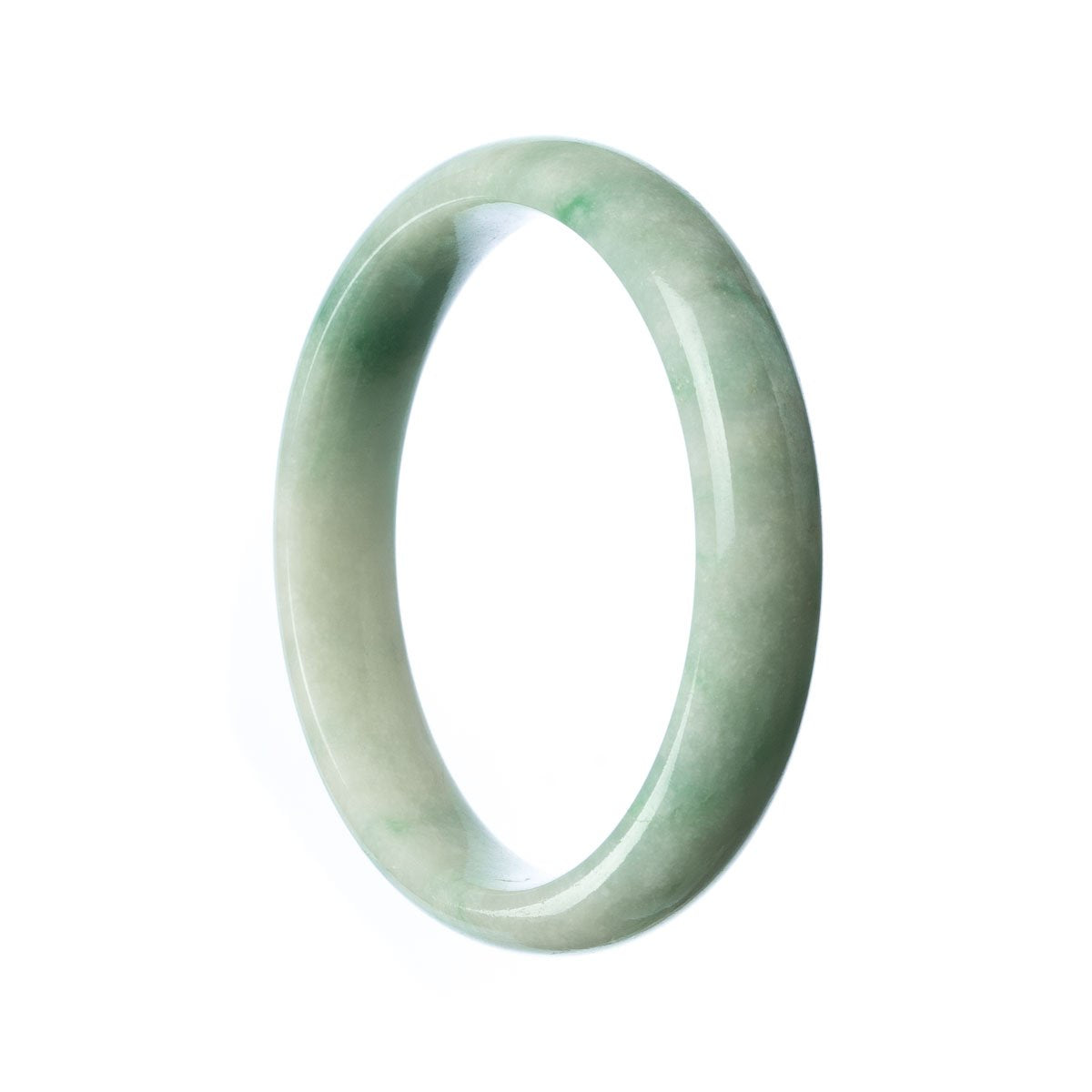 A pale green jade bangle bracelet with a half moon design, made from genuine grade A jade.