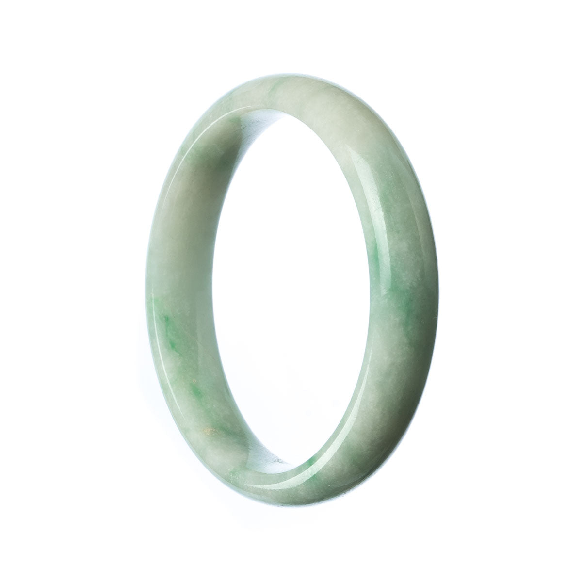 A pale green Burma jade bangle bracelet with a half moon shape, measuring 57mm in diameter.