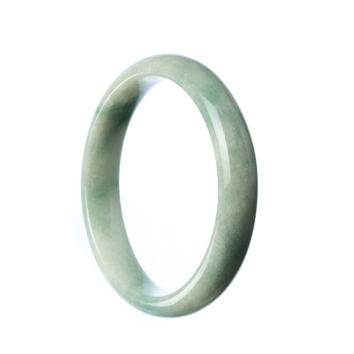 Image of a pale green jadeite bangle, certified as Type A. The bangle has a half moon shape and measures 57mm in diameter.