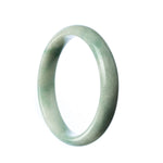 Image of a pale green jadeite bangle, certified as Type A. The bangle has a half moon shape and measures 57mm in diameter.